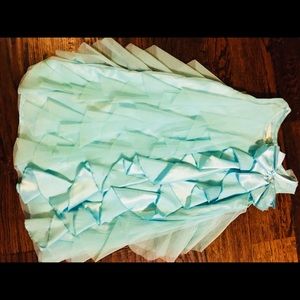 Turquoise ruffled dress .
